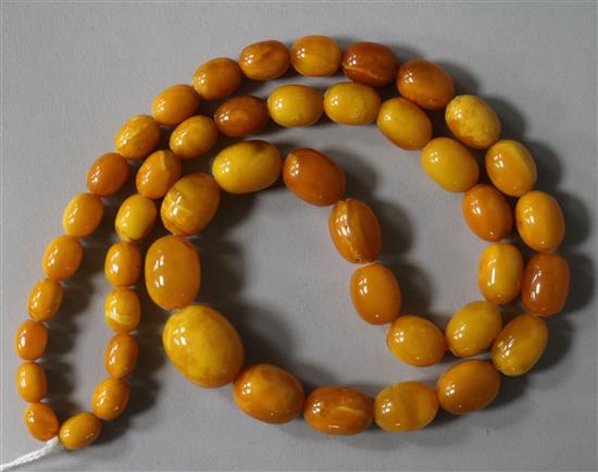 A single strand graduated oval amber bead necklace, gross weight 69 grams, 70cm.